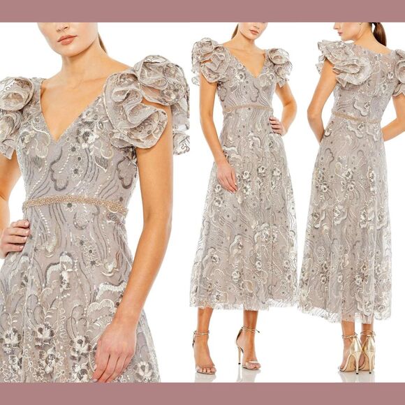 NWT$598 Mac Duggal [ 6 ] Embellished Ruffled Cap Sleeve A Line Dress Champ G1691 - Picture 1 of 16